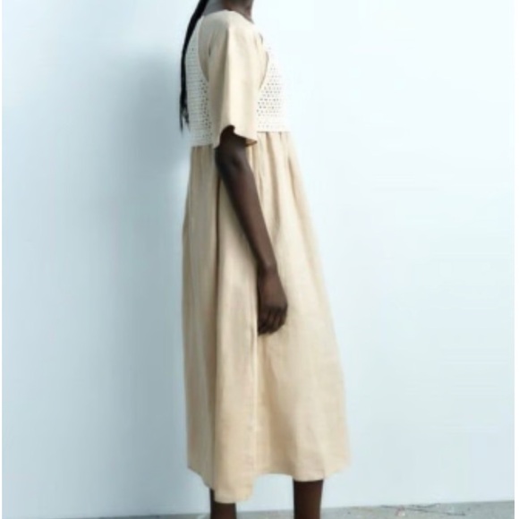 Zara Linen Crochet Beige Midi Dress - Picture 5 of 7